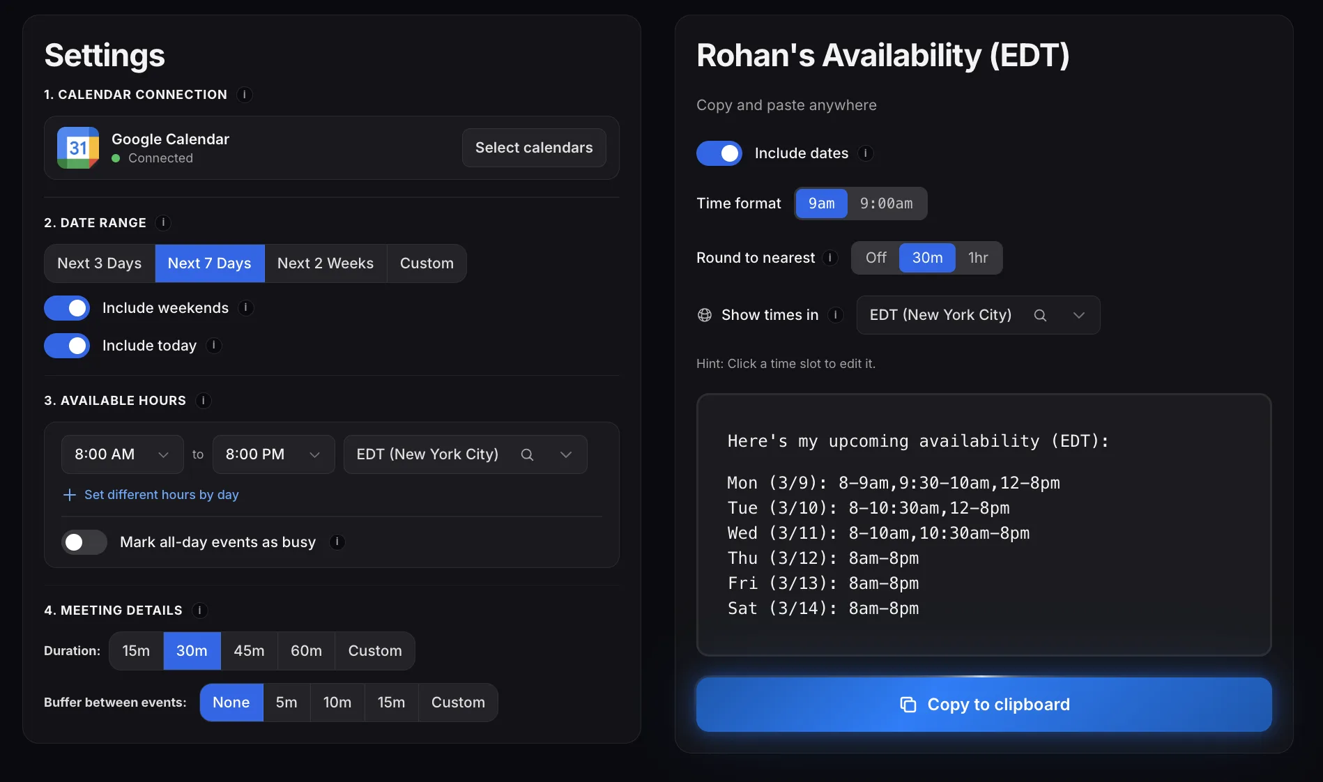 ShareAvailability settings and output preview
